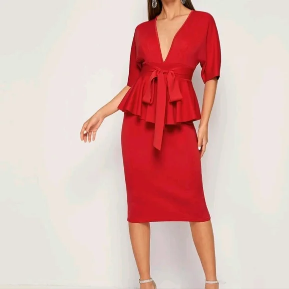 open lace back dress Plus Size Onyx Neoprene Peplum Dress – L I V D